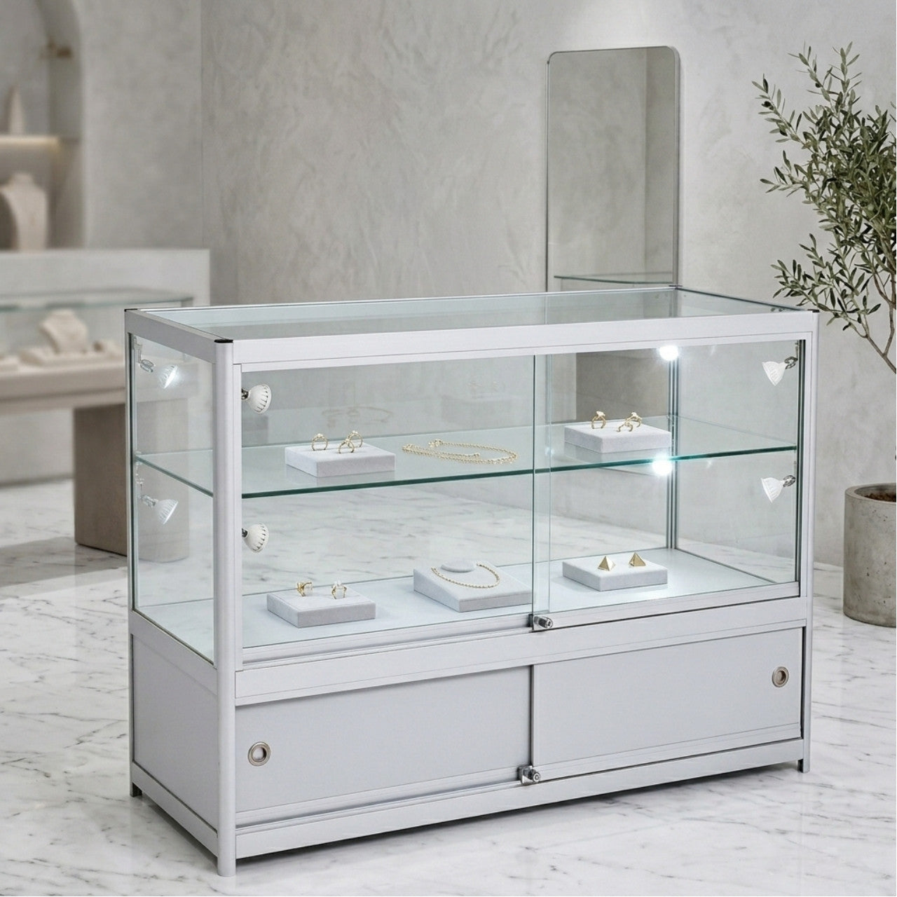 Skyline Slim Aluminium Showcase with 2/3 Glass Display and Storage Cupboard