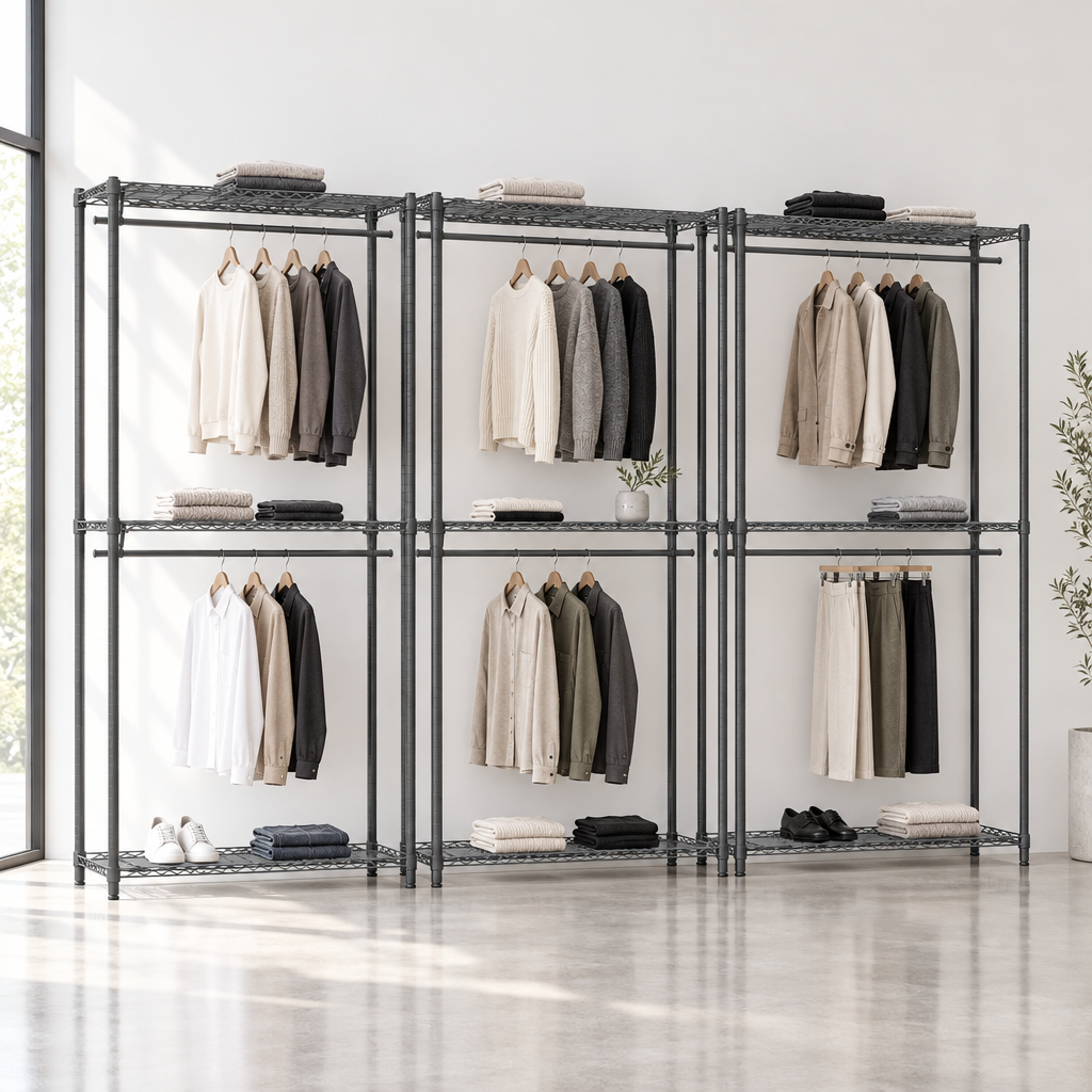 Three carbon grey racks in a minimal boutique