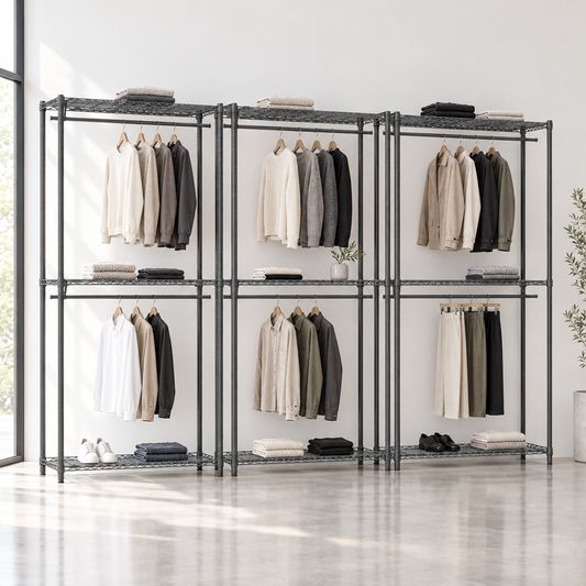 Three carbon grey racks in a minimal boutique