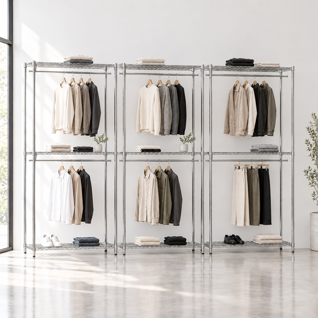 Three chrome racks in a minimal boutique