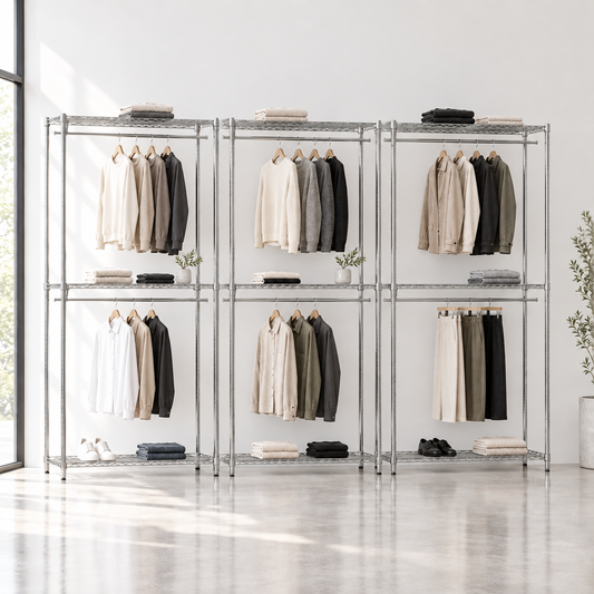Three chrome racks in a minimal boutique