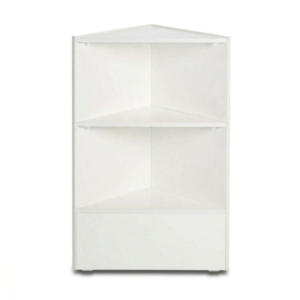 White Shop Display Corner Counter with Wooden Shelves - Silhouette Range