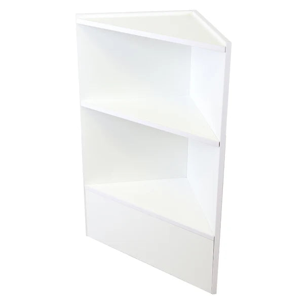 White corner shelf with two open shelves and a bottom drawer compartment, shown on a plain white background.