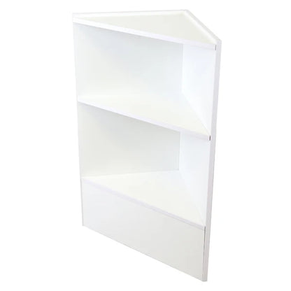 White corner shelf with two open shelves and a bottom drawer compartment, shown on a plain white background.