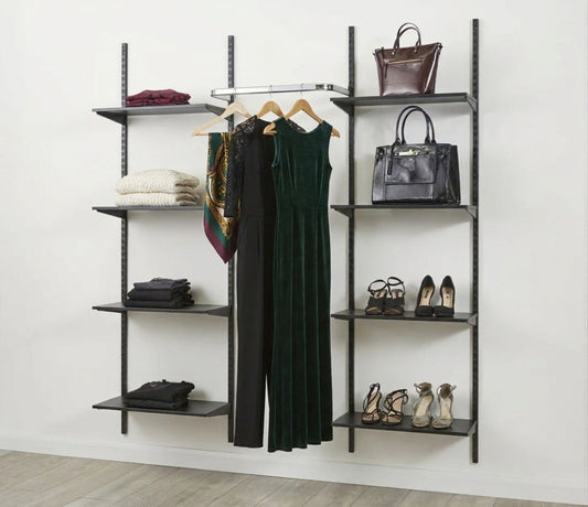 Black Twin Slot Shelving Kit - H1980mm, 4 Uprights, 8 Wooden Shelves & Hanging Rail