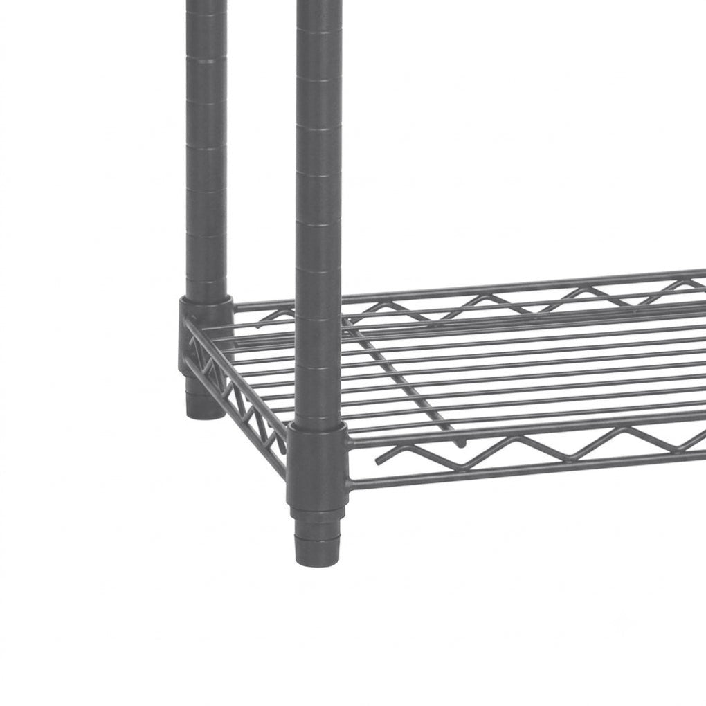 Carbon grey metal wire storage shelf with two vertical support legs and a slatted bottom shelf, shown on a plain white background.