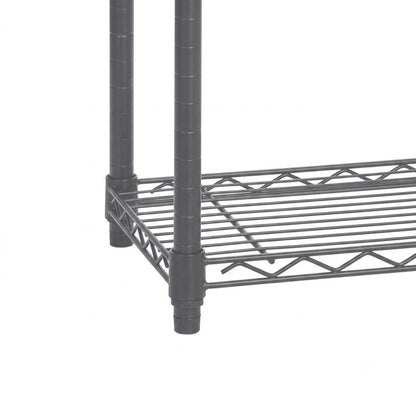 Carbon grey metal wire storage shelf with two vertical support legs and a slatted bottom shelf, shown on a plain white background.