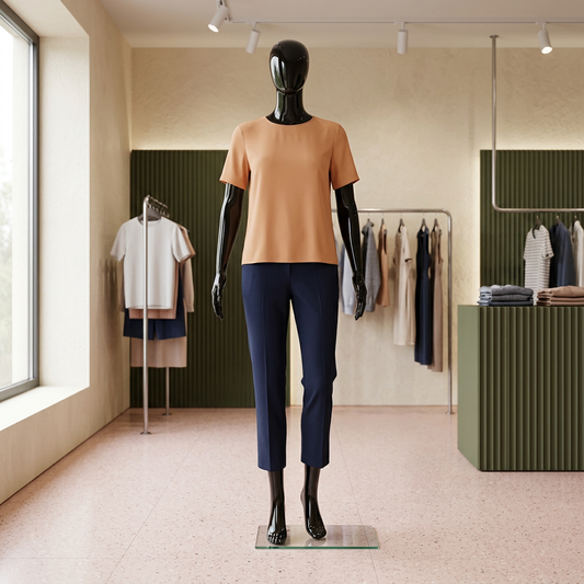 Vibe 04 female gloss-black mannequin in an olive-and-terrazzo boutique