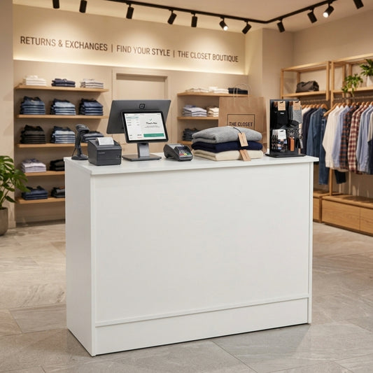 White Shop Counter with Adjustable shelves - Silhouette Range