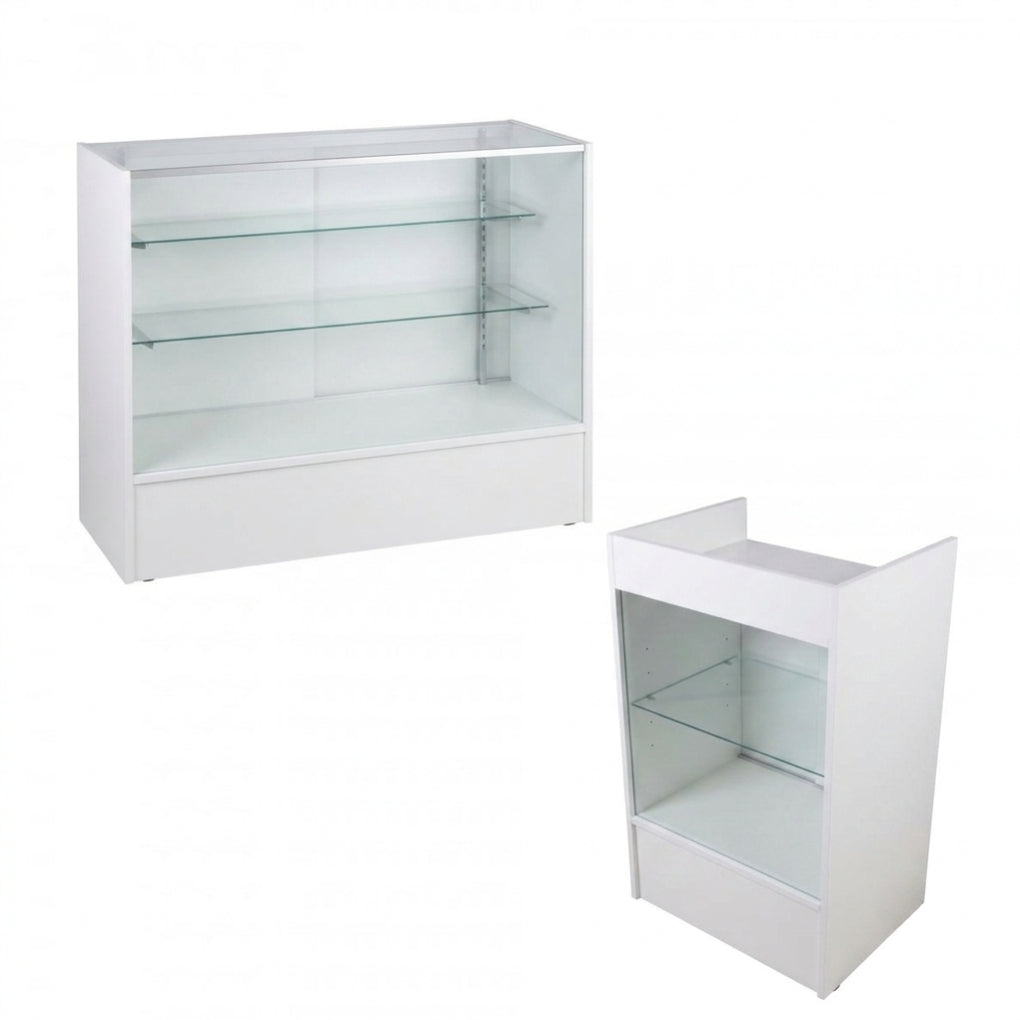 White Shop Counter With 3/4 Glass Display and Glass Front Till Unit Bundle - Silhouette Range