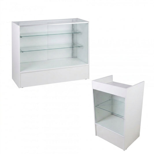 White Shop Counter With 3/4 Glass Display and Glass Front Till Unit Bundle - Silhouette Range