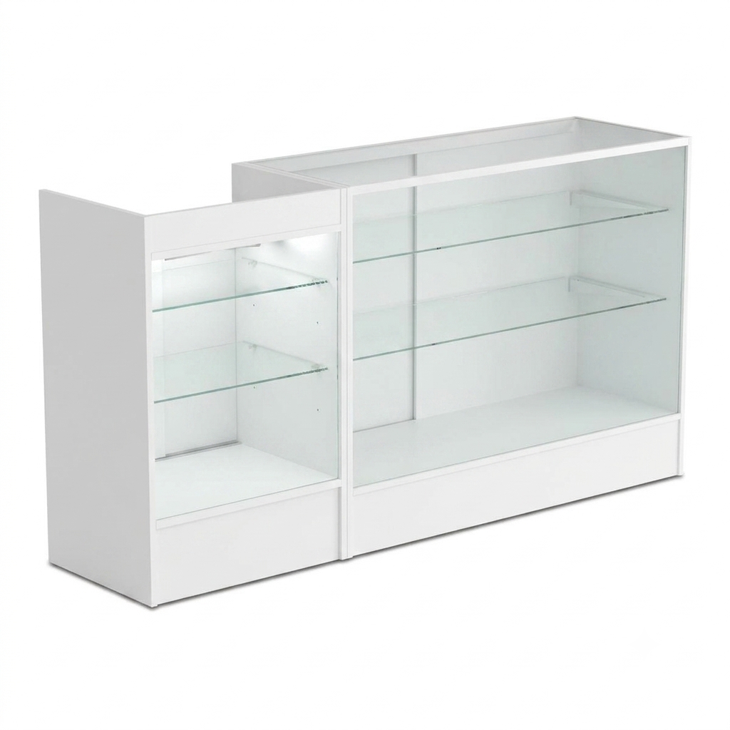 White Shop Counter With 3/4 Glass Display and Glass Front Till Unit Bundle - Silhouette Range