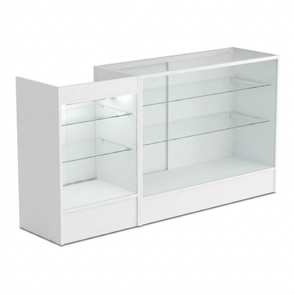 White Shop Counter With 3/4 Glass Display and Glass Front Till Unit Bundle - Silhouette Range