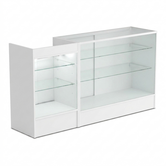 White Shop Counter With 3/4 Glass Display and Glass Front Till Unit Bundle - Silhouette Range