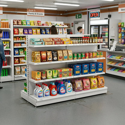 Jura White Retail Gondola Shelving - H1800mm - 2 Bays With 470mm Base Shelf - 16 Shelves