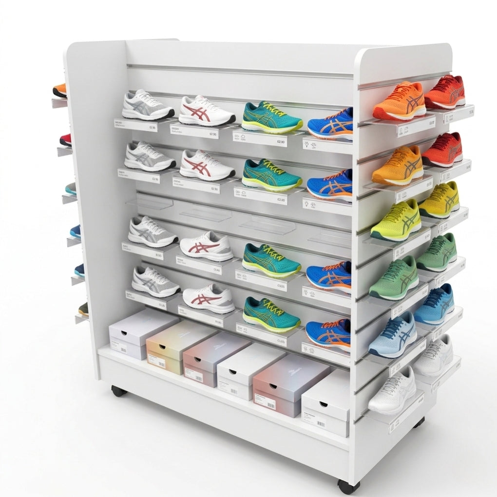 White Slatwall 'H' Display Gondola with Wheels - Silhouette Range