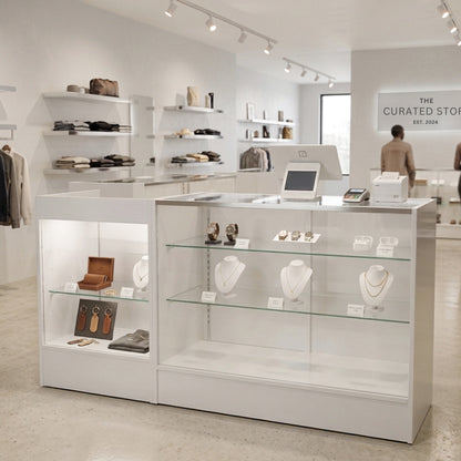 White Shop Counter With 3/4 Glass Display and Glass Front Till Unit Bundle - Silhouette Range