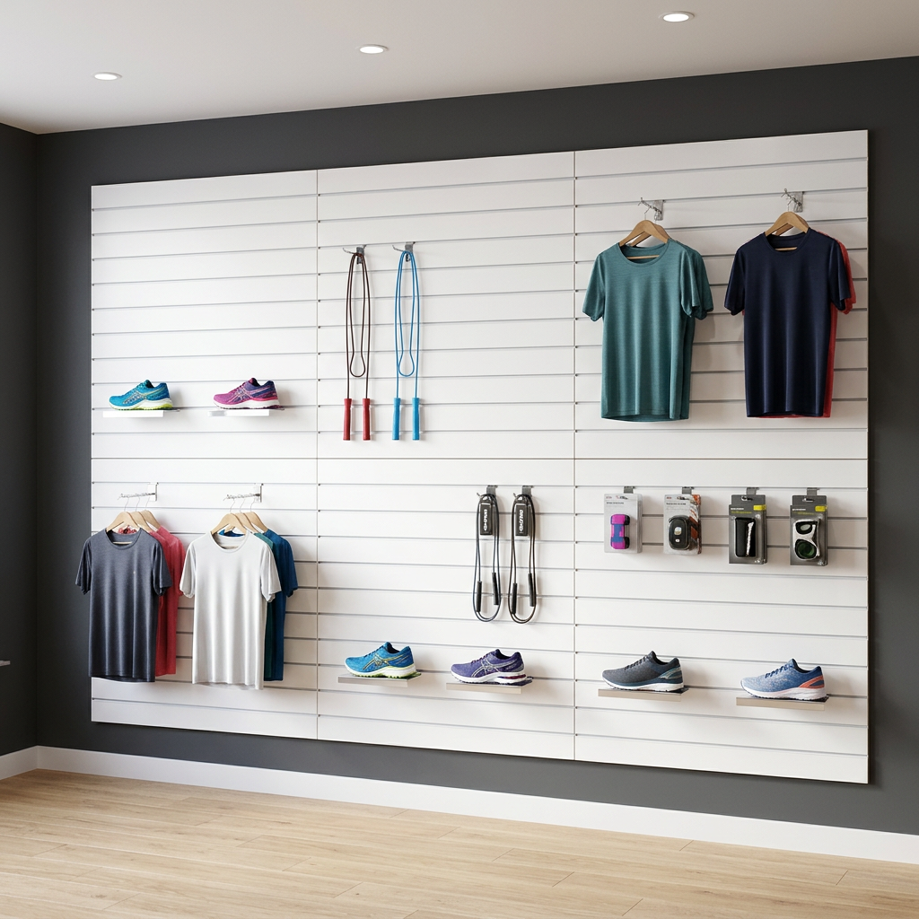 White slatwall panels with white inserts in a sports retail shop