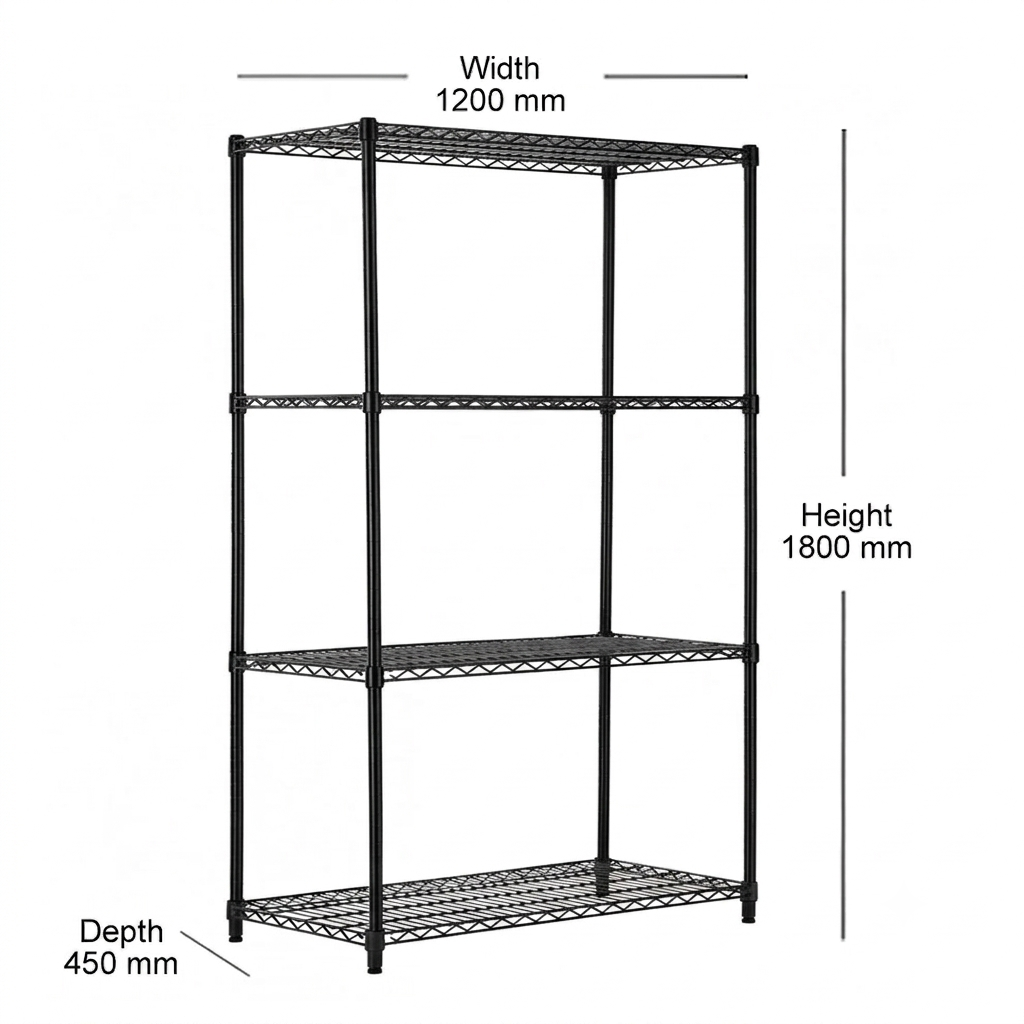 4 Tier Heavy Duty Black Wire Shelving Unit - H1800 x D450mm