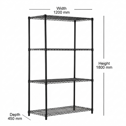 4 Tier Heavy Duty Black Wire Shelving Unit - H1800 x D450mm