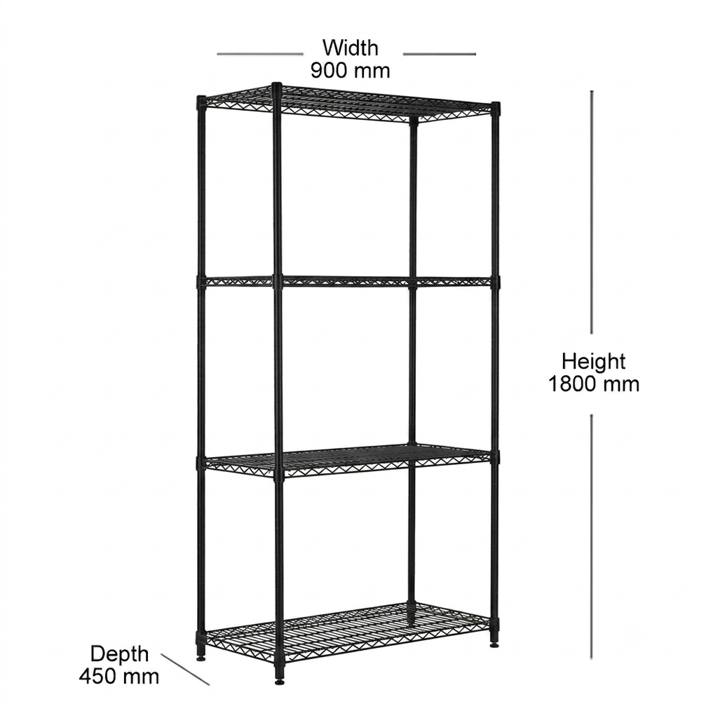 4 Tier Heavy Duty Black Wire Shelving Unit - H1800 x D450mm