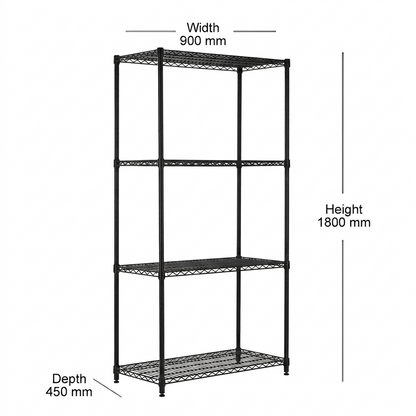 4 Tier Heavy Duty Black Wire Shelving Unit - H1800 x D450mm