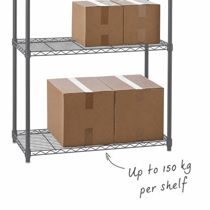 A two-tier gray metal wire storage shelf with cardboard boxes on each shelf, plus handwritten text reading 'Up to 150 kg per shelf' on a white background.