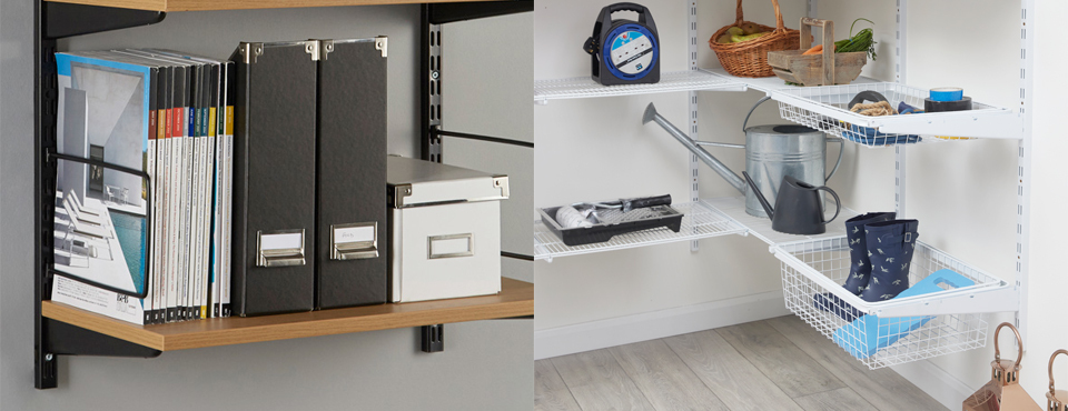 Black and oak twin slot shelving with magazines and folders, and flexx shelving with a range of household items