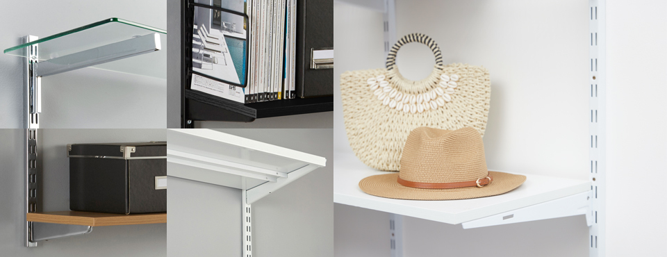 A range of twin slot shelving, with glass, steel and wood-effect finish, and white flexx shelving