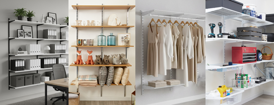 Twin slot in an office and retail setting, and flexx shelving for a wardrobe and in the garage