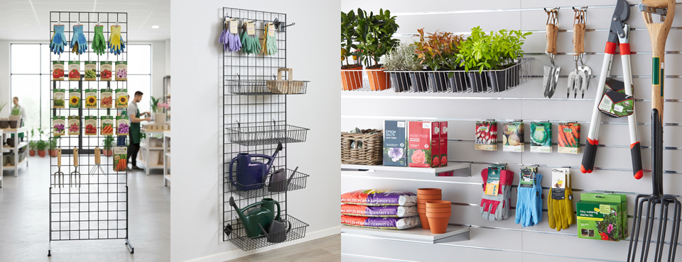 Grid mesh shelving in a garden centre and slatwall panels with gardening accessories 